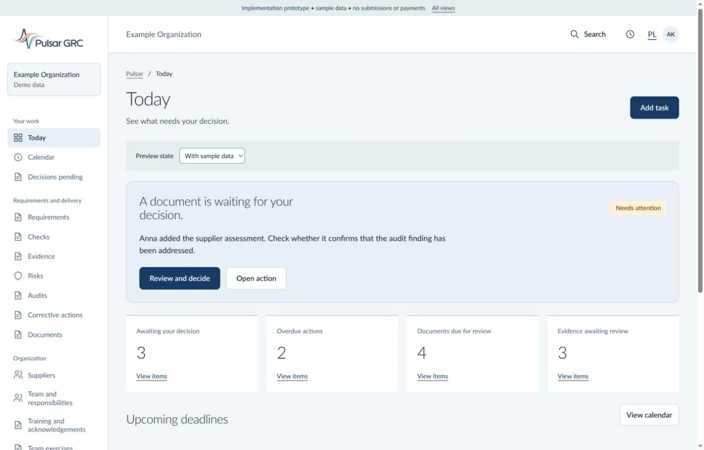 Example dashboard with actions, risks and evidence