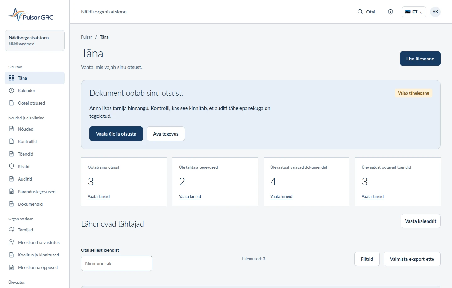Näidistöölaud tegevuste, riskide ja tõenditega