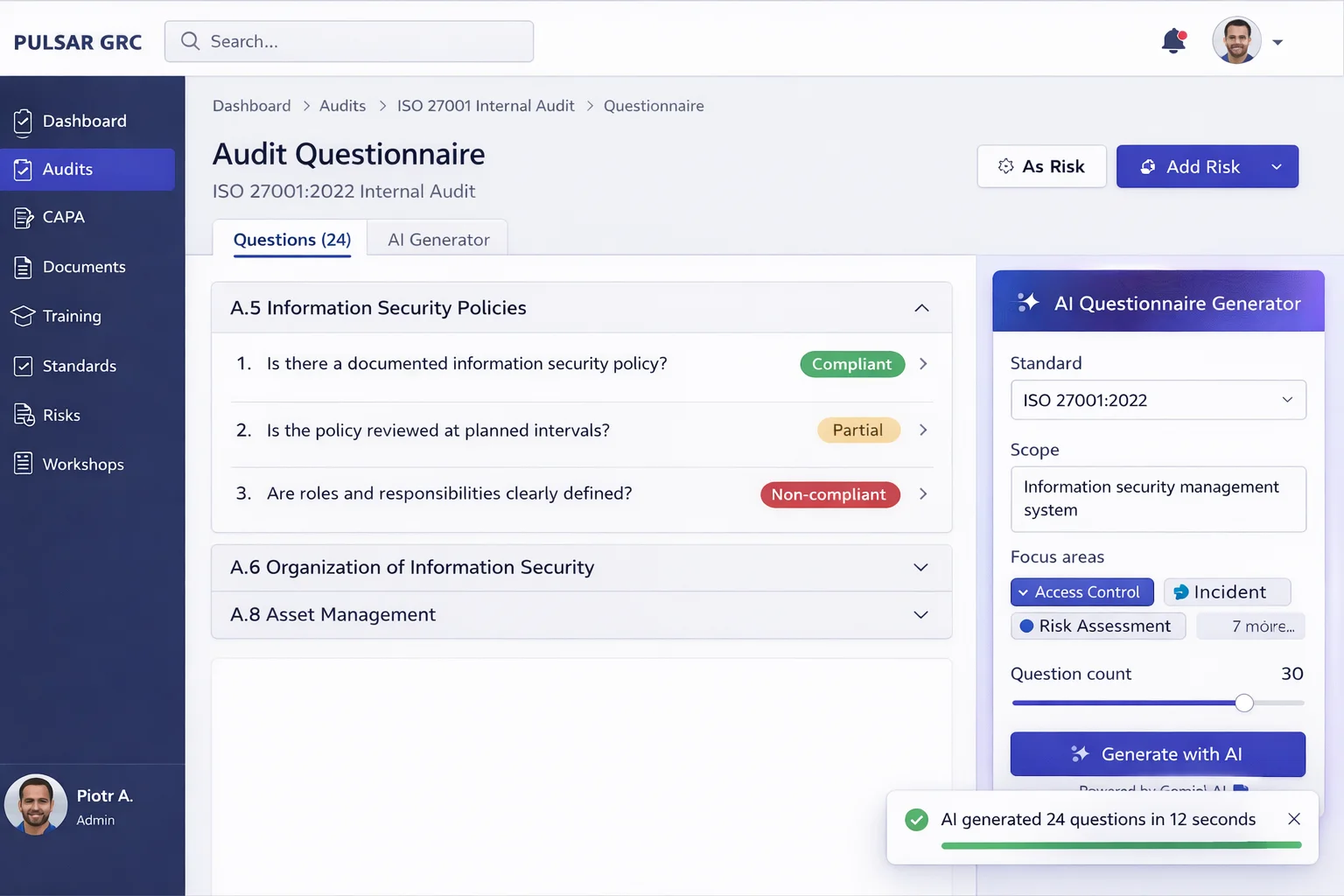 AI generates audit questionnaire