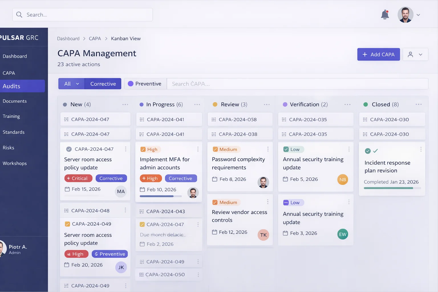 CAPA Kanban board for corrective actions