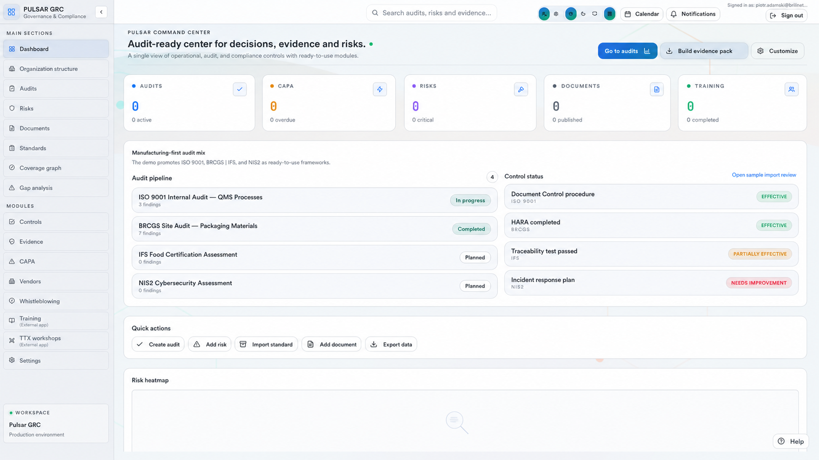 Real Pulsar GRC decision-center view with audits, actions, risks, and documents