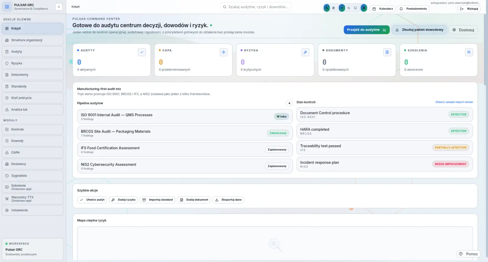 Real Pulsar GRC decision-center view with audits, actions, risks, and documents
